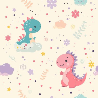 Güzel karikatür dinozorları, bulutlar, çiçekler ve beyaz arka planda yaprakları olan kusursuz bir vektör deseni. Çocuk tekstil ürünleri, duvar kağıtları, ambalaj kağıtları ve bebek temalı tasarımlar için mükemmel..