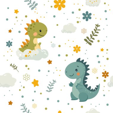 Güzel karikatür dinozorları, bulutlar, çiçekler ve beyaz arka planda yaprakları olan kusursuz bir vektör deseni. Çocuk tekstil ürünleri, duvar kağıtları, ambalaj kağıtları ve bebek temalı tasarımlar için mükemmel..