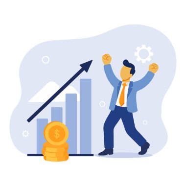 İş illüstrasyonu: bir girişimci yükselen bir grafik, altın sikkeler ve yükselen bir ok önünde mali başarıyı kutluyor. Minimalist tarz, canlı renkler. Finansal makaleler ve pazarlama için ideal.