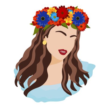 Yüz hatları olmayan, renkli bir çiçek tacıyla süslenmiş bir kız siluetinin vektör düz çizimi. Kültürel, geleneksel ve kadınsı temalı tasarımlar için ideal