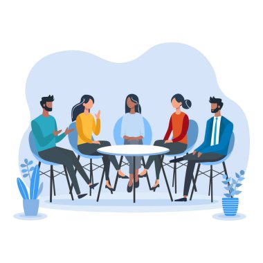 Çemberde oturup tartışan farklı insanların düz vektör çizimi. Grup toplantısı, beyin fırtınası ya da konuşma baloncukları ve modern iç mekan ile takım işbirliği konsepti