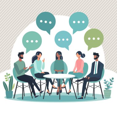 Çemberde oturup tartışan farklı insanların düz vektör çizimi. Grup toplantısı, beyin fırtınası ya da konuşma baloncukları ve modern iç mekan ile takım işbirliği konsepti