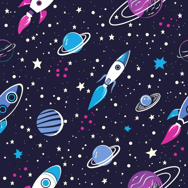 Roketler, gezegenler, yıldızlar ve karanlık arka planda uzay elementleri olan kusursuz bir vektör deseni. Çocuk tasarımları, duvar kağıtları, tekstil ve eğitim malzemeleri için mükemmel.