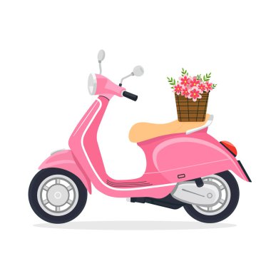Koltuğun üzerinde bir sepet çiçek olan sevimli pembe scooter. Beyaz arkaplanda düz vektör çizimi. Bahar ya da yaz seyahatleri, çiçek temaları ve romantik tasarımlar için mükemmel..