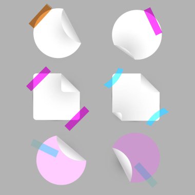 Kıvrımlı köşeleri ve gri arka planda renkli bantları olan boş kağıt çıkartmaları. Notlar, planlamacılar ya da hatıra defterleri için yuvarlak ve kare etiketler. Vektör illüstrasyonu.