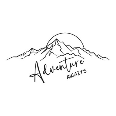 Minimalist siyah-beyaz dağların lineer çizimi ve arkasında güneş yükseliyor. Basit bir el çizimi çizimi çizimi, doğa temalı tasarımlar, baskılar veya arka planlar için mükemmel..