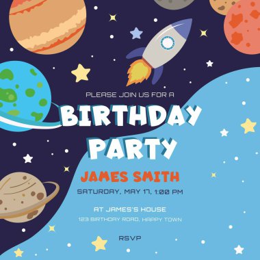 Gezegenler, roketler, yıldızlar ve eğlenceli tipografi içeren renkli uzay temalı doğum günü partisi davetiyesi. Çocuk kutlamaları ve parti dekorasyonları için mükemmel..