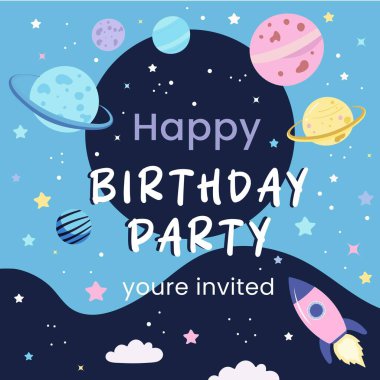 Şirin gezegenler, yıldızlar, roket ve eğlenceli tipografi içeren renkli uzay temalı doğum günü partisi davetiyesi. Çocukların kutlama kartları ve parti dekorasyonları için mükemmel..