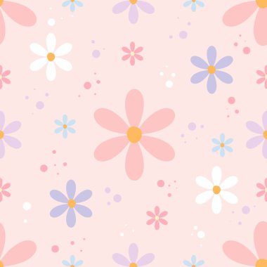 Papatya gibi çiçekli kusursuz pastel desenli ve yumuşak pembe arkaplanlı noktalar. Çocuk ürünleri, bebek tekstil ürünleri, bahar temalı tasarımlar ve ambalaj kağıdı için mükemmel..