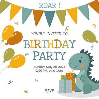 Balonlu, flamalı, hediyeli ve yeşil arkaplanlı renkli metinli şirin bir dinozorun yer aldığı çocuklar için vektör doğum günü davetiyesi. Parti tasarımı, baskı ve dekorasyon için mükemmel..