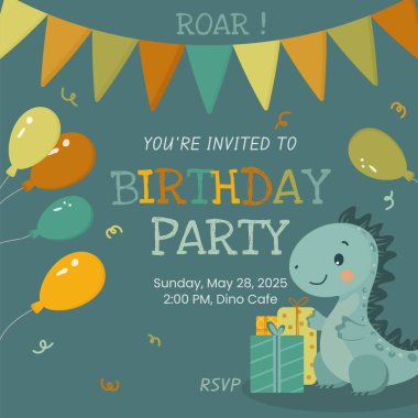 Balonlu, flamalı, hediyeli ve yeşil arkaplanlı renkli metinli şirin bir dinozorun yer aldığı çocuklar için vektör doğum günü davetiyesi. Parti tasarımı, baskı ve dekorasyon için mükemmel..