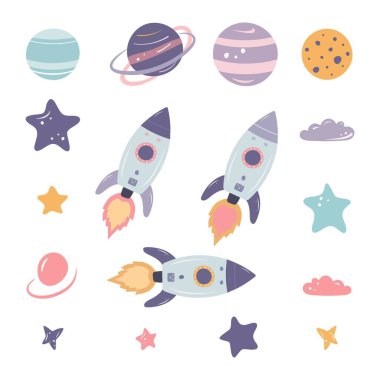Renkli vektör uzay elementleri, roketler, gezegenler, beyaz arkaplandaki yıldızlar. Çocuk tasarımları, eğitim malzemeleri, posterler, çıkartmalar ve yaratıcı projeler için idealdir..