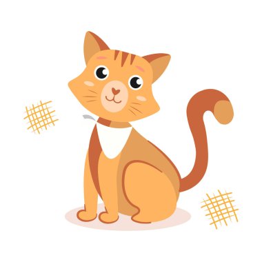 Beyaz arka planda izole edilmiş şirin kedi vektör çizimi. Yumuşak kürklü sevimli bir kedi yavrusu, tatlı bir yüz ifadesi ve neşeli bir duruşu var. Çocuk tasarımları, baskılar ve dekorasyonlar için mükemmel..