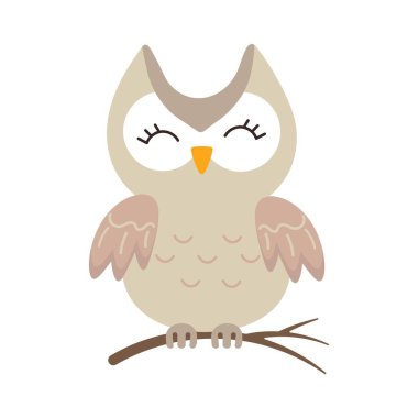 Beyaz arka planda izole edilmiş bir dalda duran sevimli baykuş vektör çizimi. Gözleri kapalı ve doğal renklerde gülümseyen bir kuş. Çocuk tasarımları, çocuk dekorasyonu ve davetiyeler için mükemmel..