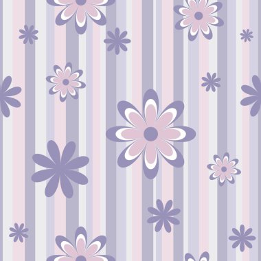 Çizgili gri-menekşe ve pastel şeftali arka planında süslü çiçekleri olan zarif, dikişsiz çiçek deseni. Tekstil, duvar kağıdı, ambalaj kağıdı ve dekorasyon için mükemmel..