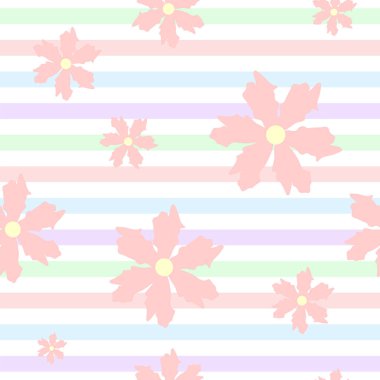 Kusursuz çiçek deseni, yumuşak pembe soyut çiçekler ve pastel yatay çizgiler. Çocuk ürünleri, tekstil, hediye paketi ve bahar temalı tasarımlar için ideal.