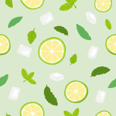 Limon dilimleri, nane yaprakları ve açık yeşil zemin üzerinde buz küpleri olan kusursuz bir yaz şablonu. Taze, meyveli ve içecekler, kokteyller, mutfak ve tropikal tasarımlar için mükemmel..