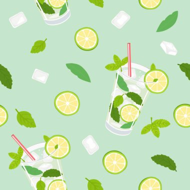 Mojito camlı, limon dilimli, nane yapraklı ve açık yeşil zemin üzerinde buz küpleri olan kusursuz bir yaz şablonu. Kokteyl menüleri, mutfak dekorasyonu ve tropikal tasarımlar için mükemmel..