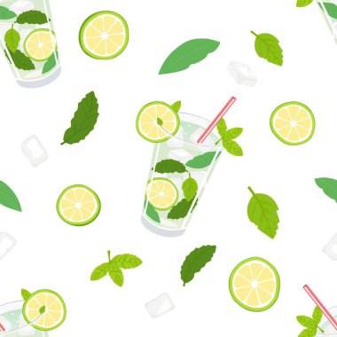 Mojito camlı kusursuz vektör deseni, kireç dilimleri, nane yaprakları ve beyaz arka planda buz küpleri. Parlak ve taze tasarım içecekler, mutfak tekstili ve yaz temaları için mükemmel..