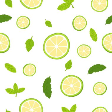 Beyaz zemin üzerinde limon dilimleri, nane yaprakları ve buz küpleri olan kusursuz vektör deseni. Taze ve parlak tasarım yaz için mükemmel, mutfak dekorasyonu, içecekler ve tropikal temalar.