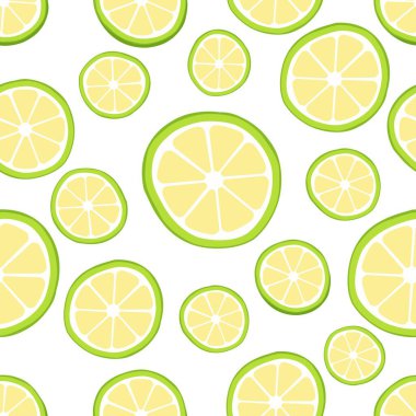 Beyaz arka planda kireç dilimleri olan kusursuz vektör deseni. Temiz ve taze narenciye tasarımı yaz temaları, gıda ambalajı, mutfak dekorasyonu, içecekler ve tropikal ürünler için mükemmeldir..