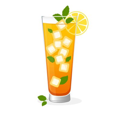 Beyaz arka planda limonlu ve naneli bir bardak buzlu çayın vektör çizimi. Temiz, taze ve yaz temalı tasarımlar, gıda ambalajları ve içki reklamları için mükemmel..