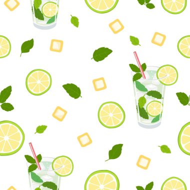 Limon dilimleri, nane yaprakları, buz küpleri ve pipetli mojito ile kusursuz vektör deseni. Yaz içeceği tasarımları, kumaş baskıları, ambalaj ve tropikal temalı görseller için mükemmel..