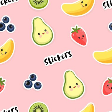 Kawaii yaz meyveli etiketi yumuşak pembe arka planda pürüzsüz vektör deseni şirin çizgi film çileği, muz, mango, yaban mersini, 