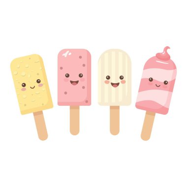 4 Şirin Kawaii Dondurma Dondurması Sarı, Krema, Pembe ve Renkli Donmuş Şekerler Beyaz Çocuklar ve Mevsimsel Tasarım Arkaplanında