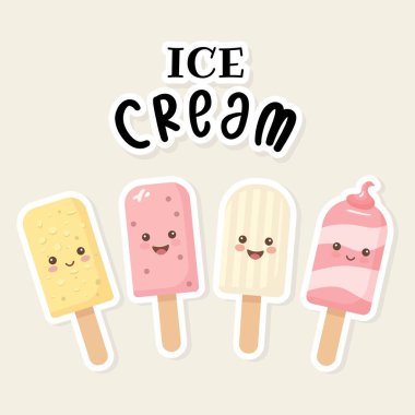 Çocuklar, Yaz, Tatiller ve Mevsimsel Tasarım İçin Renkli Pastel Dondurmaları 4 Sevimli Kawaii Dondurma Seti