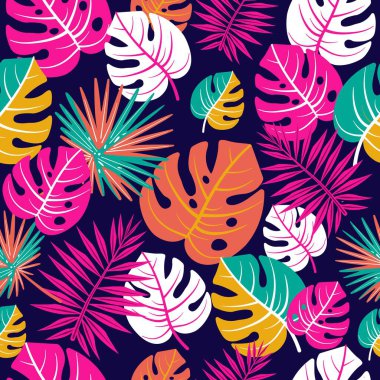 Renkli Tropikal Yapraklar ile Kusursuz Vektör Deseni Karanlık Arkaplan Canlı Egzotik Orman Tasarımı Yaz Dekoru, Çocuk Ürünleri, Moda Tekstili ve Bayram Markası