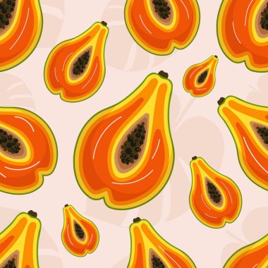 Papaya Fruits ve Tropikal Yaprak Siluetleri ile Kusursuz Vektör Deseni Açık Pembe Arkaplan Çocuk Ürünleri için Egzotik Yaz Tasarımı, Mevsimsel Dekor, Tatil Paketleme ve İş Markaları