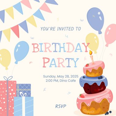 Şirin Çocuklar Doğum Günü Davetiyesi Çilekli Üç Katlı Kek, Yabanmersini, Balon, Hediyeler, Işık Arkaplanda Tipografi ve Yılan, Parti Dekorasyonu İçin Mükemmel, Bayram Kartları ve Mevsimsel Kutlamalar