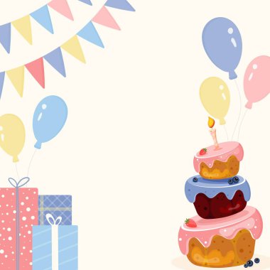 Üç Kadehli Pasta, Çilek, Yabanmersini, Balon, Hediye ve Serpentine ile Çocuklar İçin Hafifçe Sevimli Şenlik Tasarımı Davetiyesi, Bayram Kutlama Kartları ve Mevsimsel Dekorasyonlar