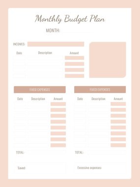 Minimalist Aylık Bütçe Planlayıcısı Kişisel Finans Düzenleyici ve Beyaz Arkaplan Üzerine Finansal İzleyici Vektör Şablonu