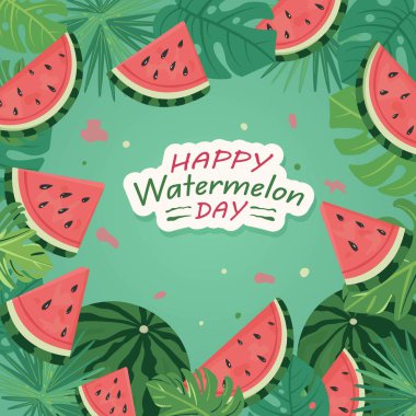 Açık Yeşil Arkaplan Çizimi ve Dilimlenmiş Meyveler Üzerinde Karpuz Vektörü Çocuklar için Tatlı Yaz Dekorasyonu, Tatil Tasarımı, Mevsimsel Projeler ve Ulusal Karpuz Günü