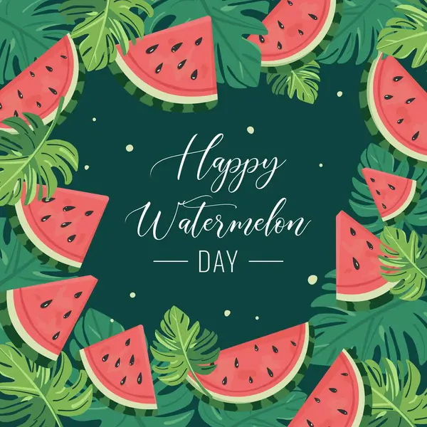 Karpuz Dilimleri ve Yaprakları Vektör İllüzyonu Yeşil Arkaplan Taze Yaz Meyve Tasarımı Çocuk Dekoru, Mevsimsel Kavramları ve Uluslararası Karpuz Günü