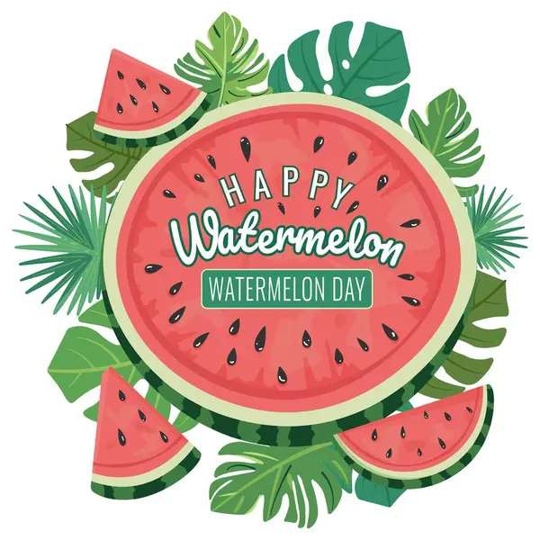 Dünya Karpuz Günü, Yaz Tatilleri, Çocuk Projeleri, Mevsimsel Dekor ve Tekstil Tasarımı İçin Dilimler ve Yapraklar Üzerinde Şirin Karpuz Kompozisyonu