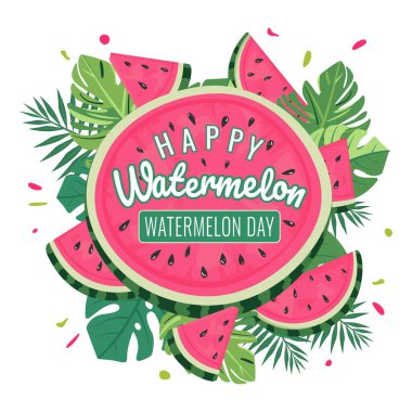 Dünya Karpuz Günü, Yaz Tatilleri, Çocuk Projeleri, Mevsimsel Dekor ve Tekstil Tasarımı İçin Dilimler ve Yapraklar Üzerinde Şirin Karpuz Kompozisyonu