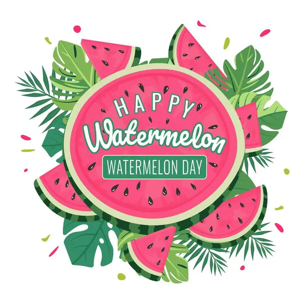 Dünya Karpuz Günü, Yaz Tatilleri, Çocuk Projeleri, Mevsimsel Dekor ve Tekstil Tasarımı İçin Dilimler ve Yapraklar Üzerinde Şirin Karpuz Kompozisyonu