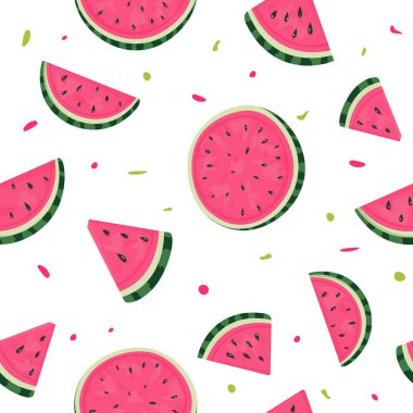 Beyaz arka planda kusursuz karpuz dilimleme deseni düz arkaplan vektör yaz meyvesi çocuklar için resimlendirme, mevsimsel dekor, tatil projeleri ve tekstil tasarımı