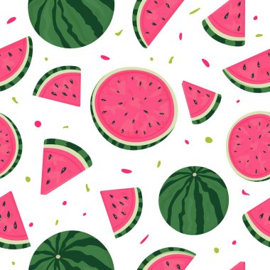 Beyaz arka planda kusursuz karpuz dilimleme deseni düz arkaplan vektör yaz meyvesi çocuklar için resimlendirme, mevsimsel dekor, tatil projeleri ve tekstil tasarımı