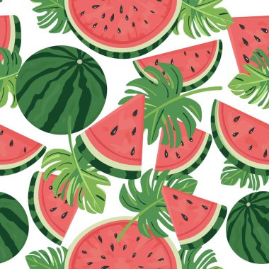 Karpuz dilimleri ve beyaz arka planda yaprakları olan kusursuz desenli yassı vektör Çocuklar için yaz meyvesi tasarımı, tatil projeleri, mevsimsel dekor ve tekstil kullanımı