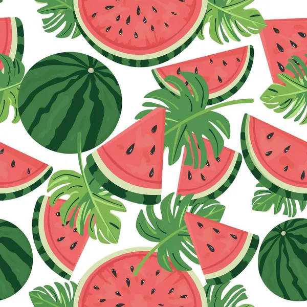 Karpuz dilimleri ve beyaz arka planda yaprakları olan kusursuz desenli yassı vektör Çocuklar için yaz meyvesi tasarımı, tatil projeleri, mevsimsel dekor ve tekstil kullanımı
