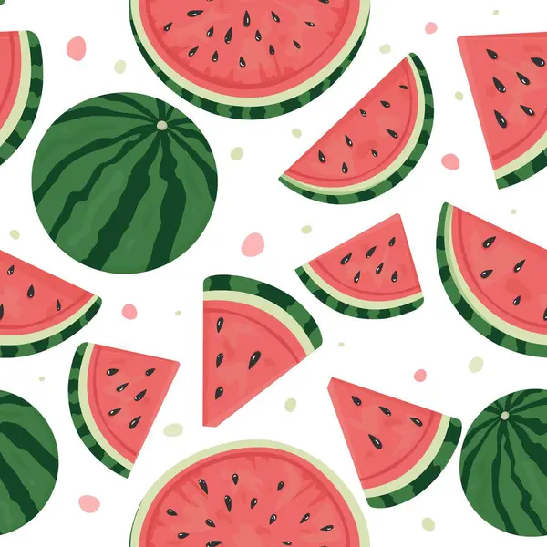 Beyaz arka planda yeşil yapraklı kusursuz karpuz dilimleri Çocuklar için yassı meyve tasarımı, yaz tatilleri, mevsimsel dekor, kumaş ve ev yapımı tekstil projeleri