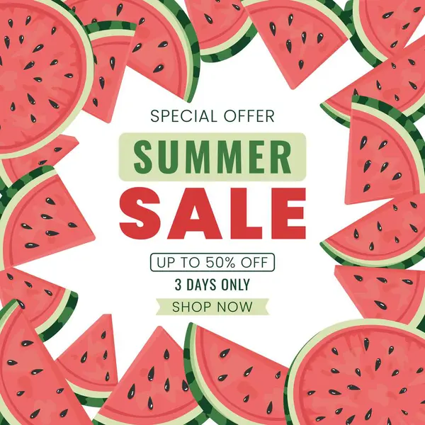 Beyaz arka planda karpuz dilimleri olan düz vektör pankartı mevsimsel iş tanıtımı ve pazarlama tasarımı için yaz indirimi kavramı