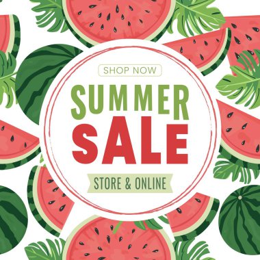 Beyaz arka planda karpuz dilimleri olan düz vektör pankartı mevsimsel iş tanıtımı ve pazarlama tasarımı için yaz indirimi kavramı