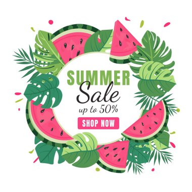 Beyaz Arkaplanda Tropikal Yapraklar Üzerine Karpuz Satışı Sanatı Mevsimsel İş, Meyve Festivali veya Karpuz Günü Kutlaması İçin Yaz Tanıtım Şablonu