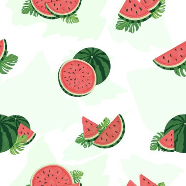 Tam Fruits, Dilimler, Yapraklar ve Suluboya Veri Arkaplanı Çocuklar, Yaz Dekorasyonu, Karpuz Günü ve Ev Tekstili Tasarımı ile Kusursuz Karpuz Deseni