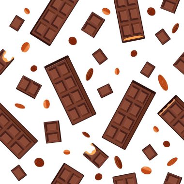 Dünya Çikolata Günü, Tatlı, Kahve, Tekstil, Paketleme ve Tatil Dekorasyonu İçin Beyaz Arkaplan Vektör Tasarımı Üzerine Çikolata Çubukları, Parçalı Kusursuz Desen ve Kahve Fasulyesi.